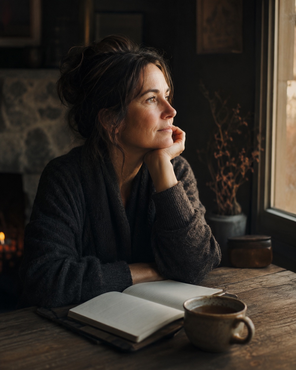 A woman at a desk by a window in morning light, looking out with a calm, clear expression