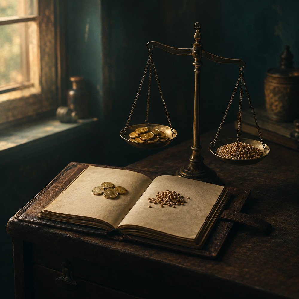 A brass balance weighing coins against seeds beside an open ledger